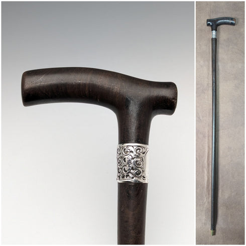 British Antique Men's Cane Clutch Handle Sterling Silver Decoration 85cm